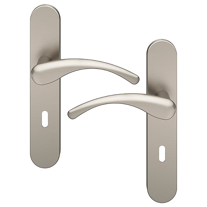 Ensemble poignée sur plaque rond serrure GoodHome Ruis effet nickel satin gris L.138.5mm x l.42mm entraxe 165-195mm