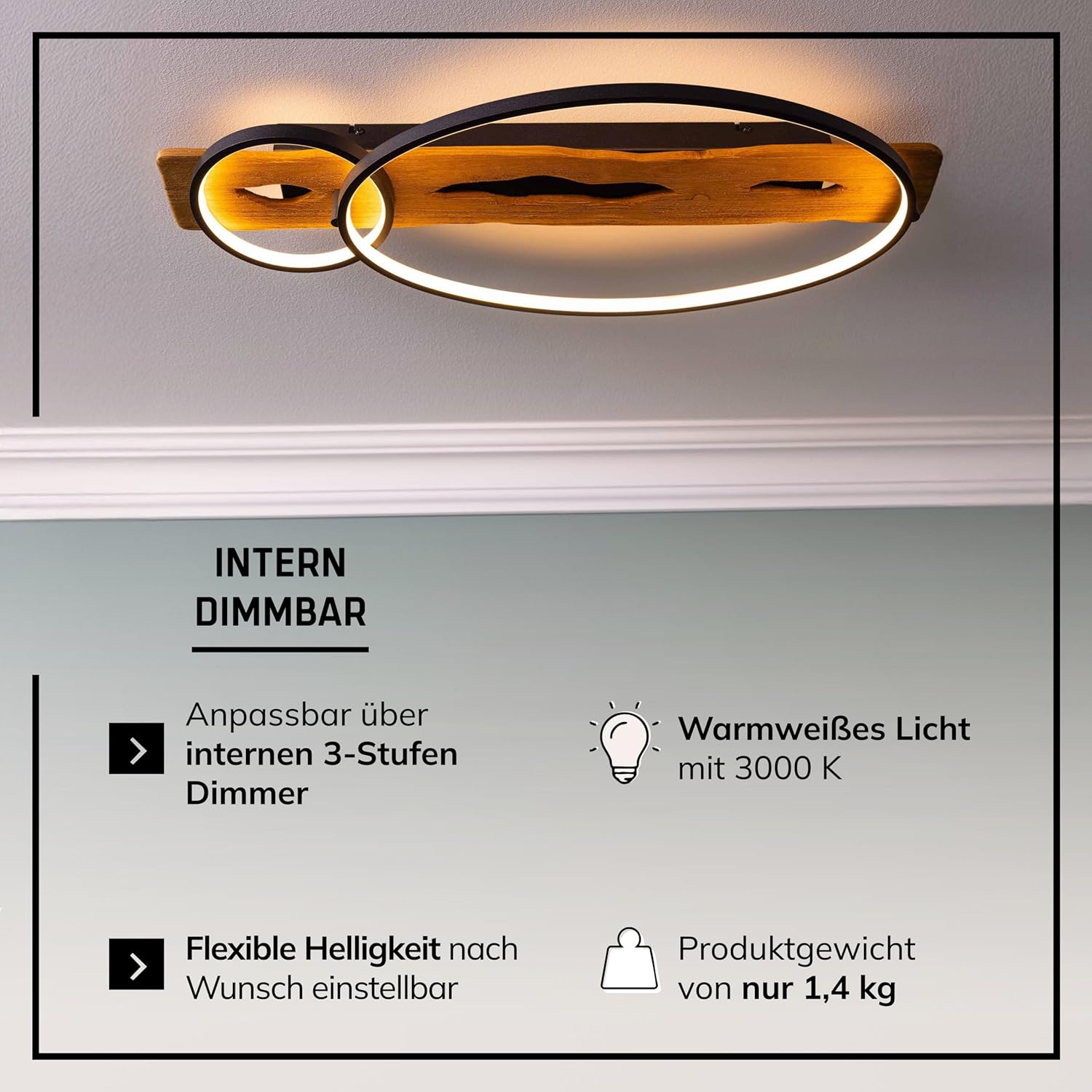 Lightbox moderne LED Deckenlampe im Nature Stil - Deckenleuchte mit 3 Stufen Dimmer & 2 LED-Ringe am Holz Balken - 70 x 30 cm - 3300 lm, 3000 K - aus Kiefernholz/Metall in Schwarz/Hell-Braun