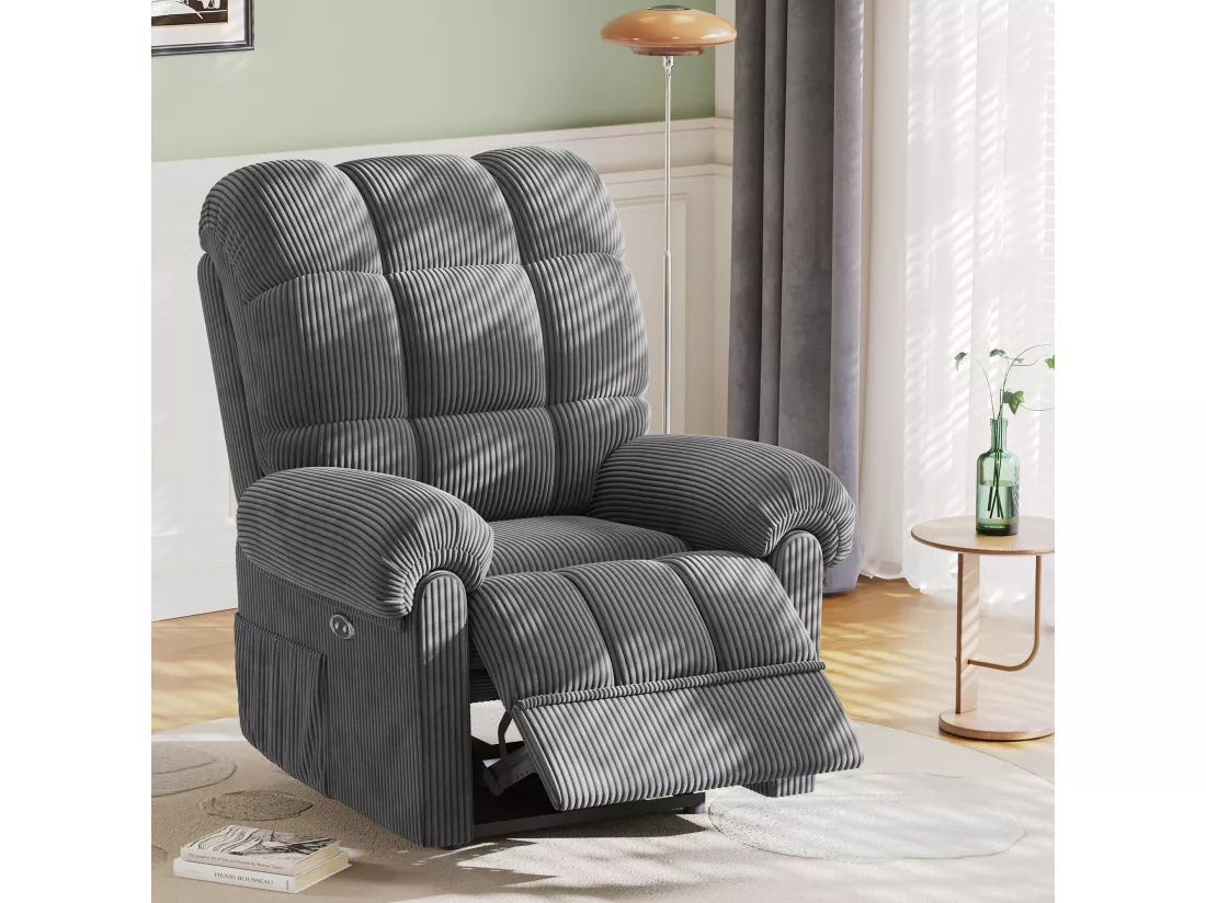 Fauteuil Relax Fauteuil électrique en Velours Côtelé,Fauteuil à loisirs Réglable avec USB,Dossier Réglable,Anti-statique avec Repose Pieds - 96x97x104cm Gris