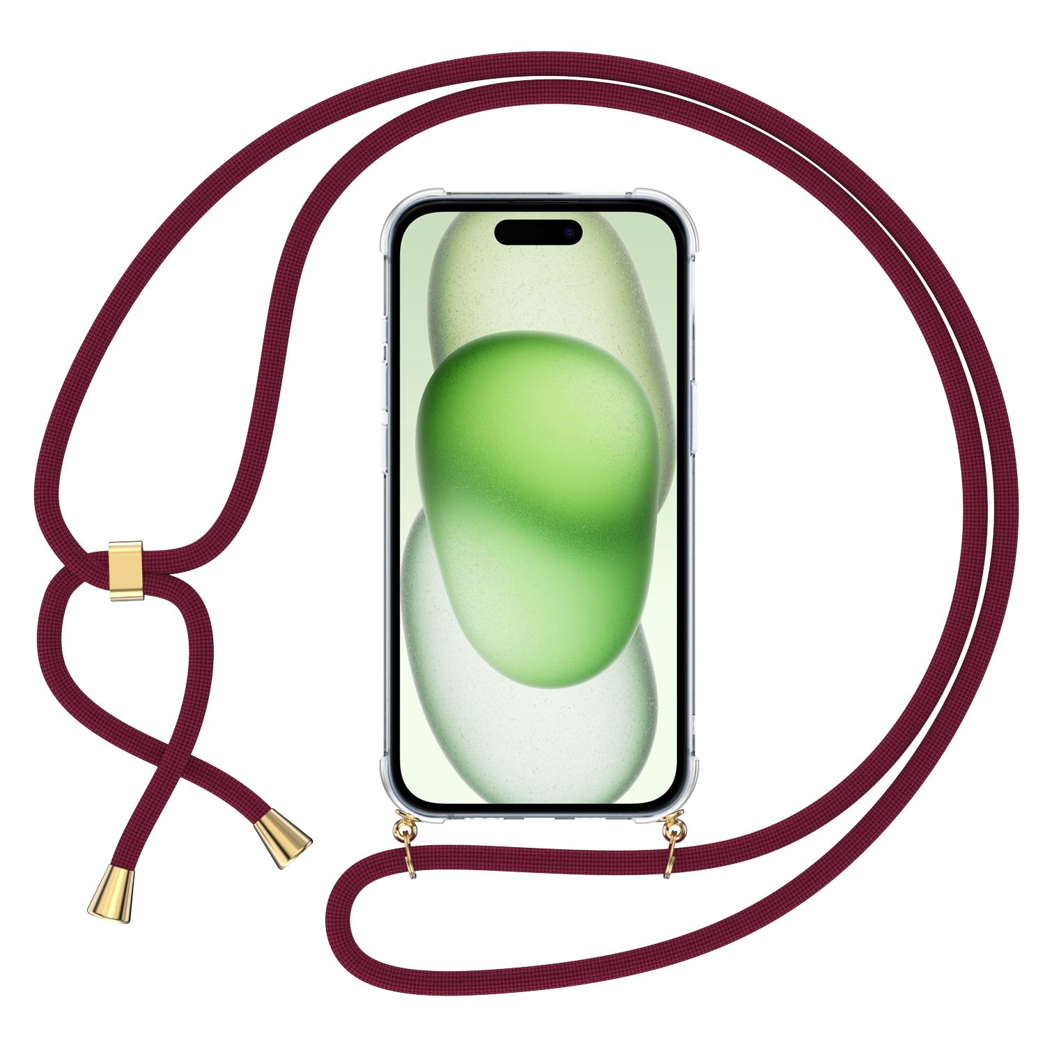 iPhone 15 Necklace Gummi Hülle Air Cushion Fallschutz   Handykette (150cm) - Dunkelrot / Gold
