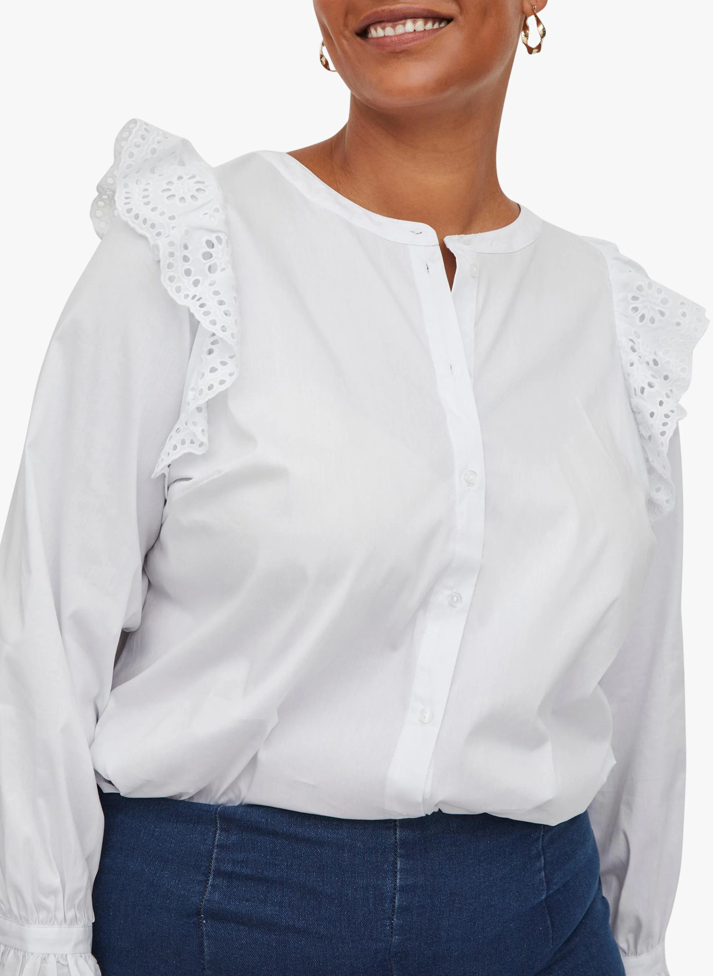Chemise col rond à dentelle en coton méléngé | Blanc