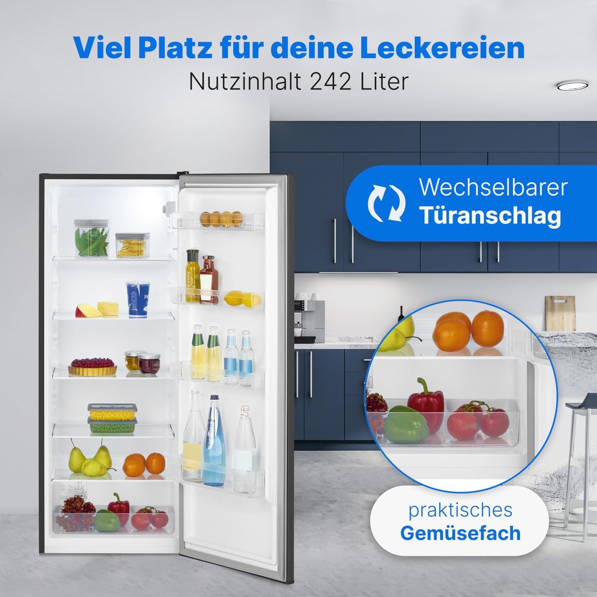 Bomann® Kühlschrank ohne Gefrierfach | Energieklasse D | 143cm | 5 Ablagen | 0°C ~ +8°C | leise 39dB | Getränkekühlschrank | 242L Flaschenkühlschrank | Kühlschrank groß | VS 7363 schwarz-inox
