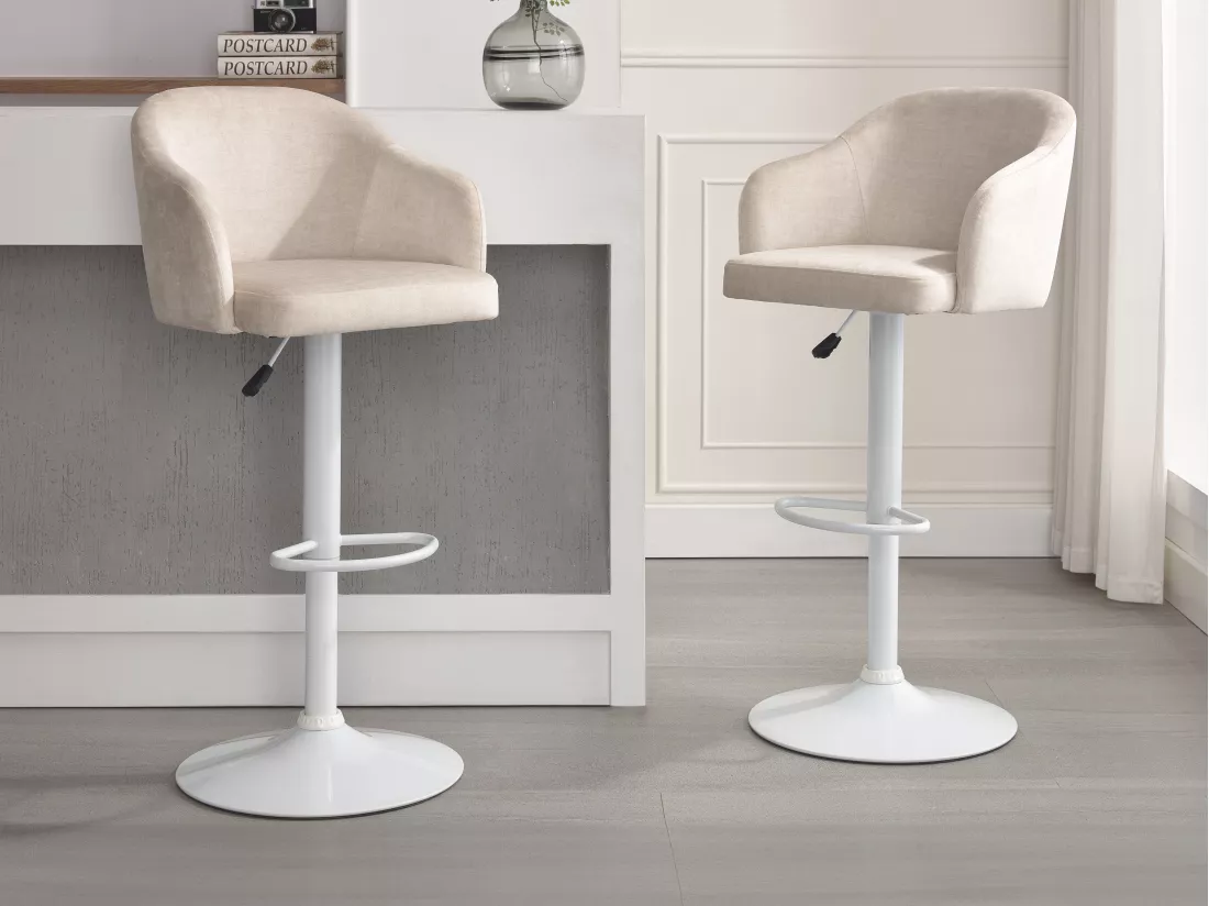 Tabouret de bar en tissu et métal - Hauteur réglable - Crème et blanc - CARSTEN