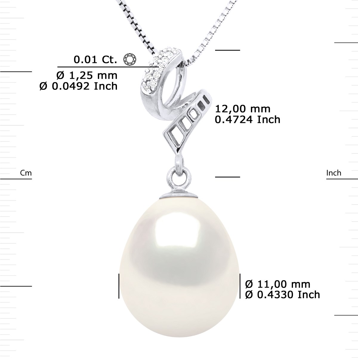 Pendentif VOLUTES - Diamants 0,12 Cts - Or Blanc - Véritable Perle de Culture d'Eau Douce Poire 11-12 mm - Or Blanc