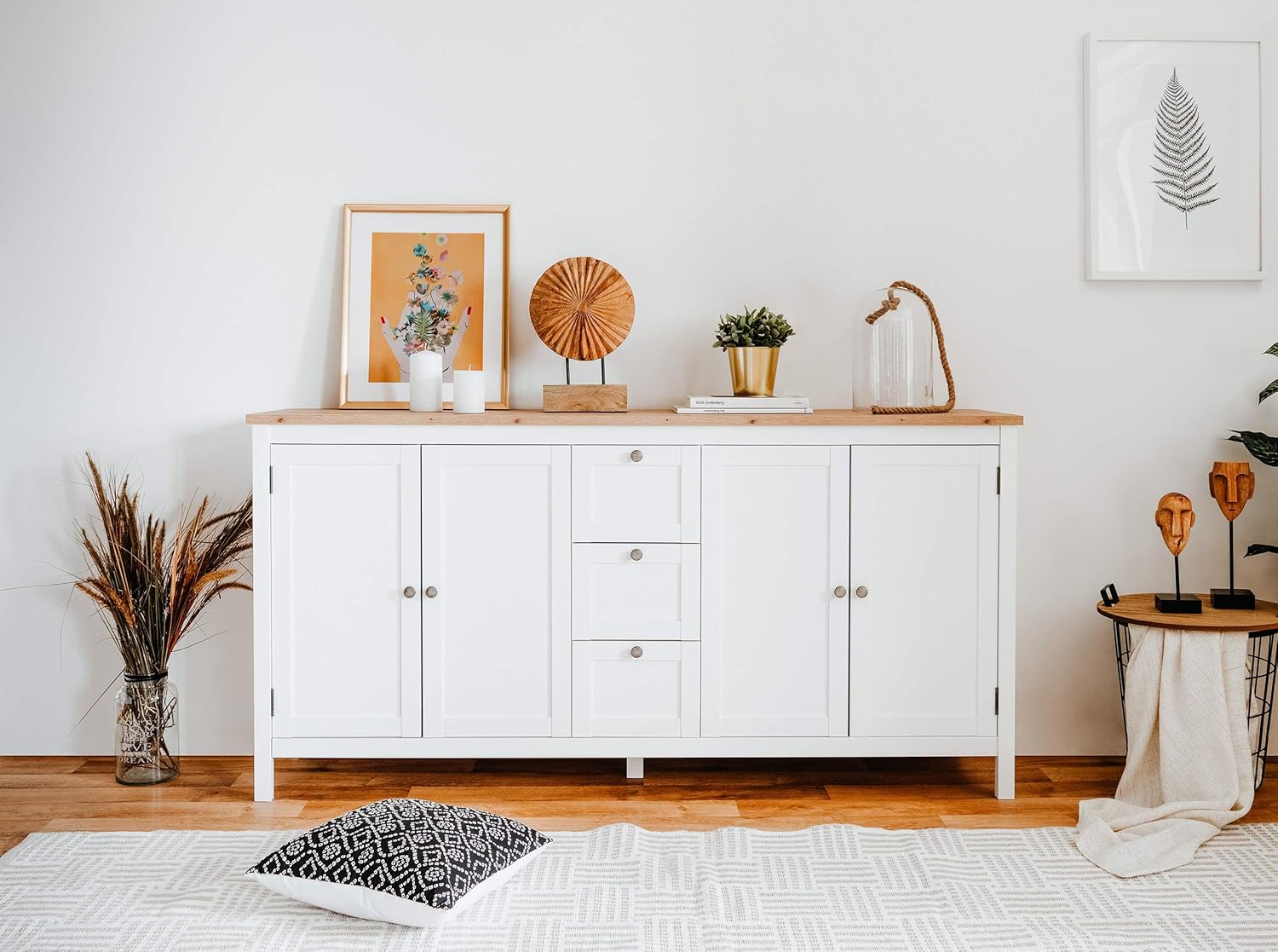 Newfurn Kommode Weiß Wildeiche Sideboard Vintage Landhaus - 180x90x40 cm (BxHxT) - Highboard Anrichte - [Eireen.Three] Wohnzimmer Schlafzimmer Flur Esszimmer