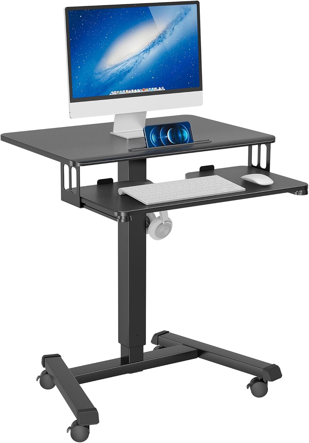 BONTEC Mobiler Schreibtisch mit 4 Rollen, Stehpult Höhenverstellbar 65×45cm Mobile Workstation, Laptoptisch mit Tastaturablage, Stehtisch für Wohnzimmer, Schlafzimmer