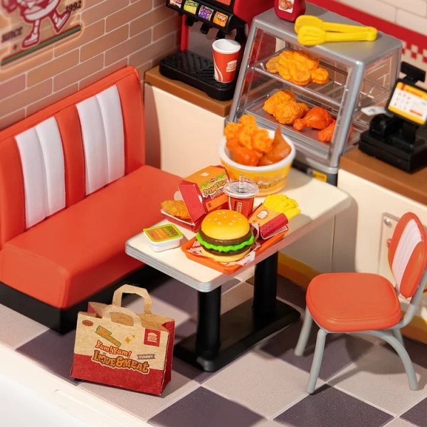 (110-tlg. Set) Rolife Super Store Modell Bausatz DIY Miniatur Restaurant für Smiski Figuren (DW010) - Yum Yum Burgers