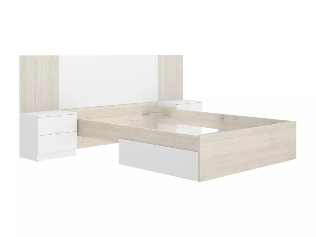 Lit avec chevets 140 x 190 cm - Coloris : Naturel et blanc + Sommier + Matelas - PELORVA