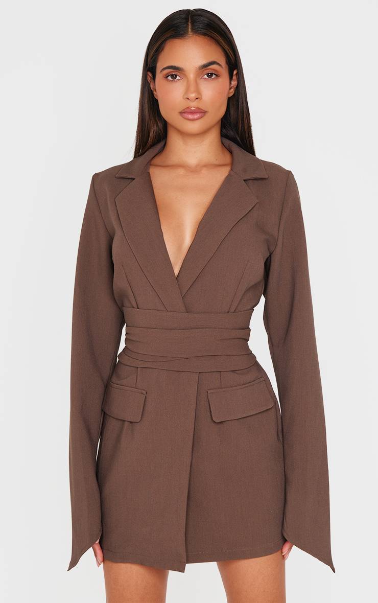 Chocolat Robe Blazer Ceinturée Portefeuille En Tissu Tissé