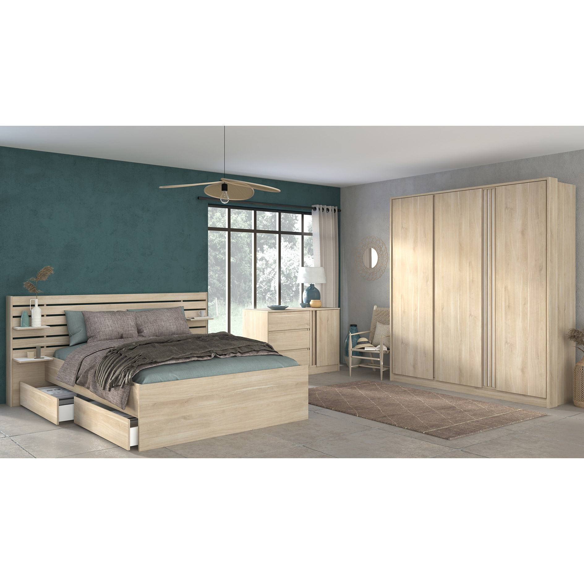 3-teiliges Schlafzimmer-Set ESCALE 21 - Japanische Eiche - 140x200 cm