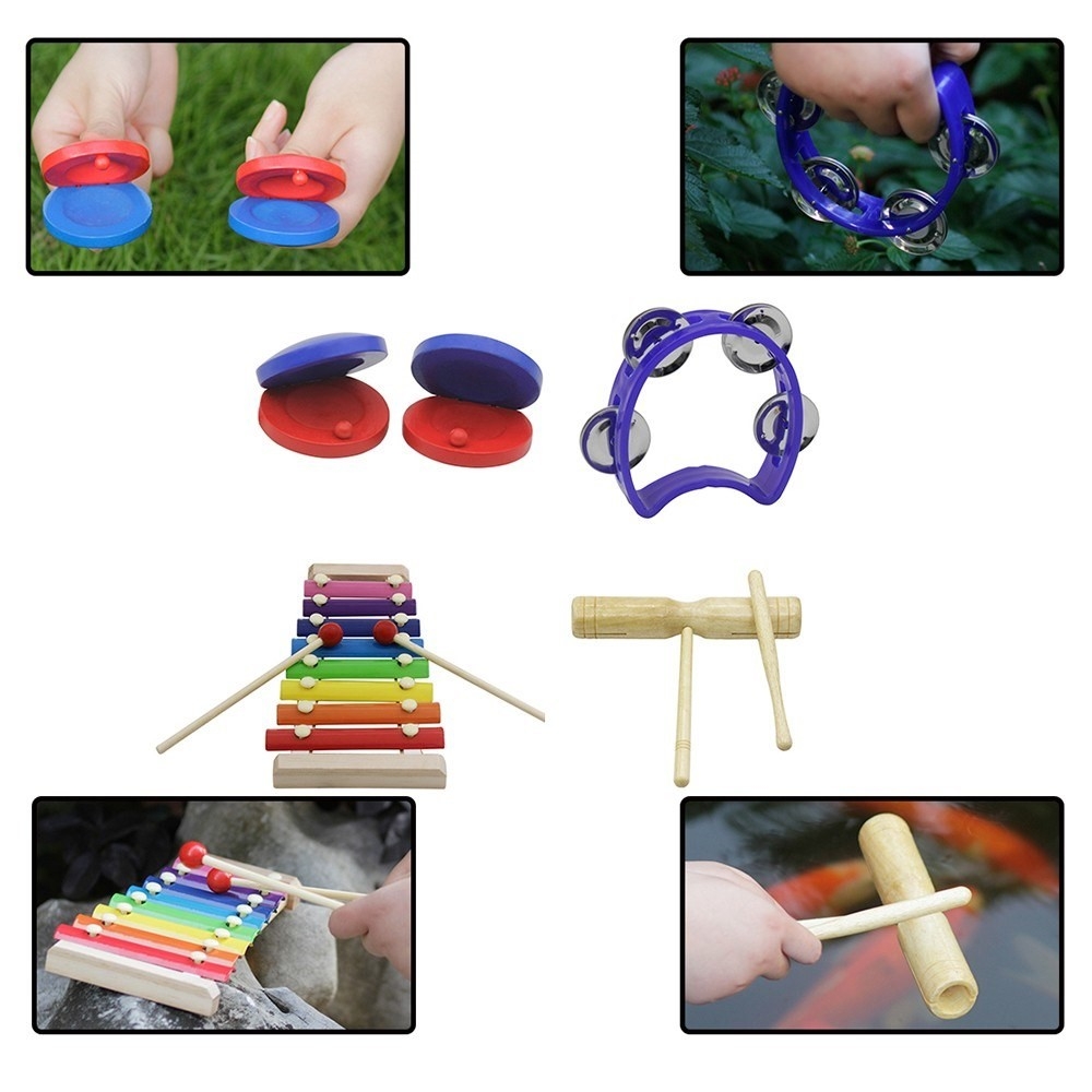 (15-tlg. Set) Kinder Spielzeug Musik Instrument Holz Set Rucksack mit Xylophon / Triangel / Rassel