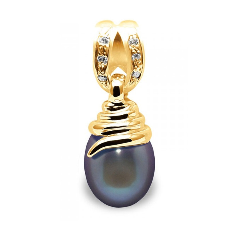 Pendentif Perle de Culture d'eau douce Noire, Diamants et Or Jaune 750/1000