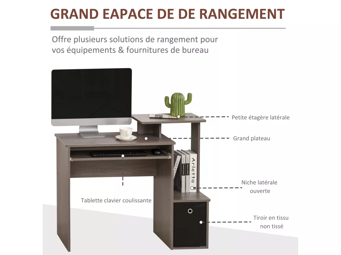 Bureau informatique multimédia étagères tablette clavier panier noir panneaux particules gris