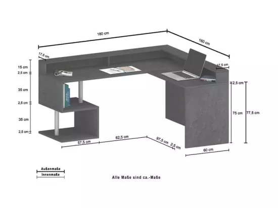 Bureau d'angle 160-180x 60 design moderne professionnel STEVE