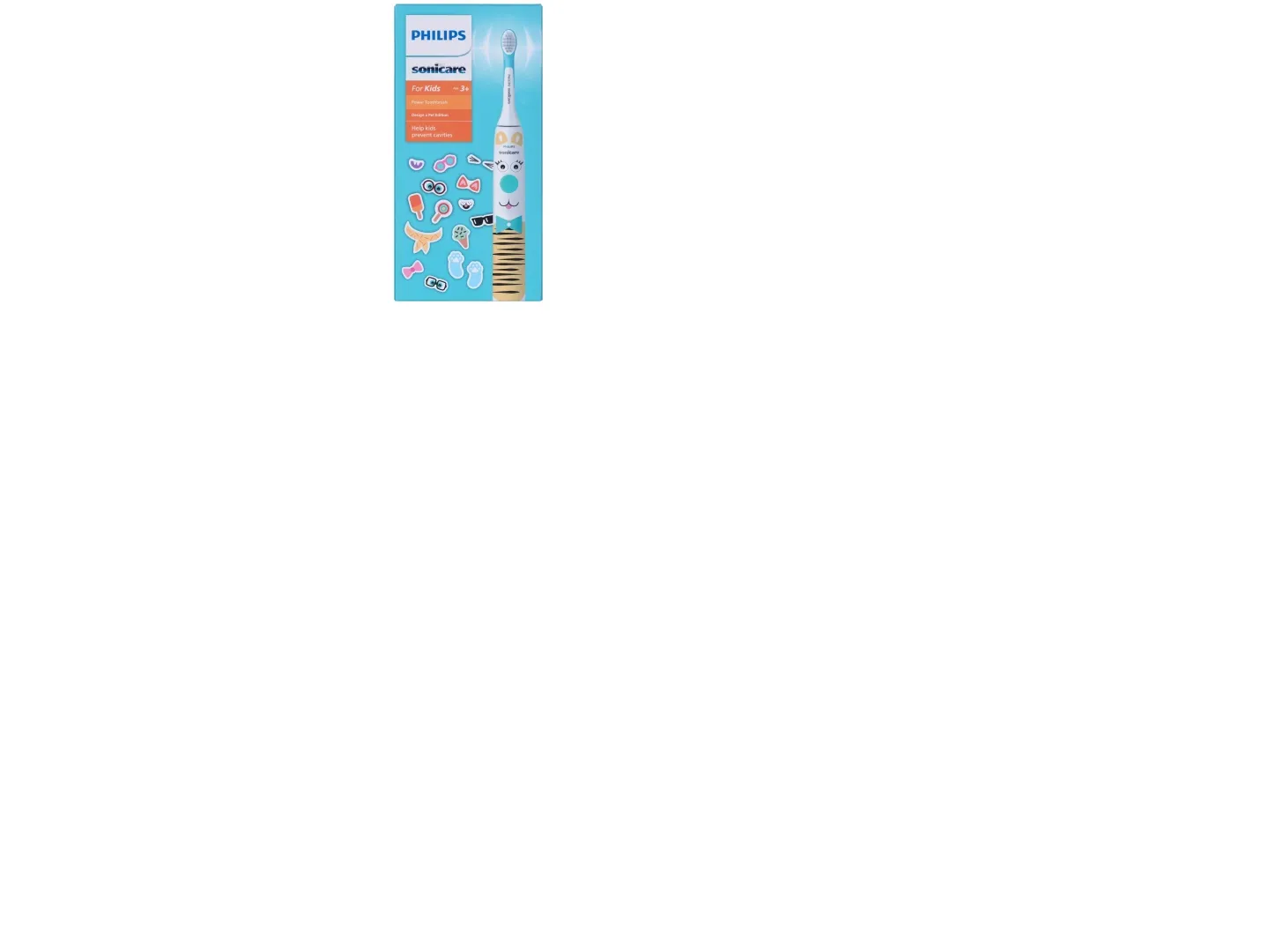 Philips For Kids Design a Pet Edition HX3601/01 Elektrisk tandbørste, Barn, Sonisk tandbørste, Blød, Super sensitive, Blå, Hvid, 4 x 30 sek., Batteri