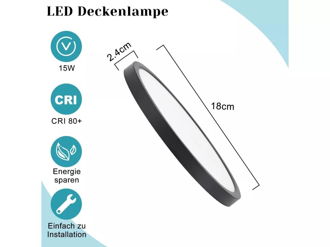 NETTLIFE Plafonnier LED plat 18 cm - 15 W, Noir, 6000 K - Éclairage moderne cuisine, couloir, chambre