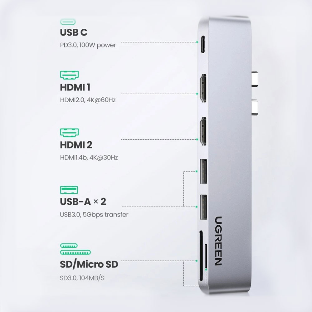 Dual USB C Multiport Adapter HUB mit 1x USB C (PD/100W) / 2x USB 3.0 / SD & Micro SD / 2x HDMI 4k@60Hz - Silber