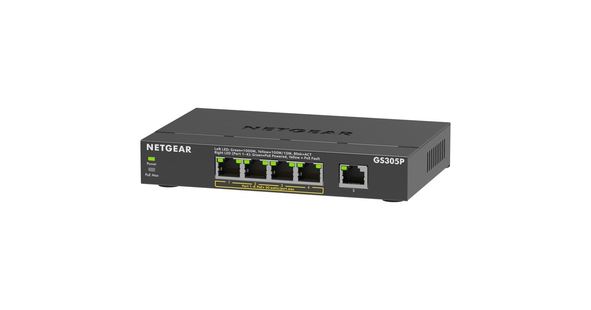 Netgear5-Port PoE+ Gigabit Ethernet SOHO Unmanaged Switch (GS305P)  (Zwart)
