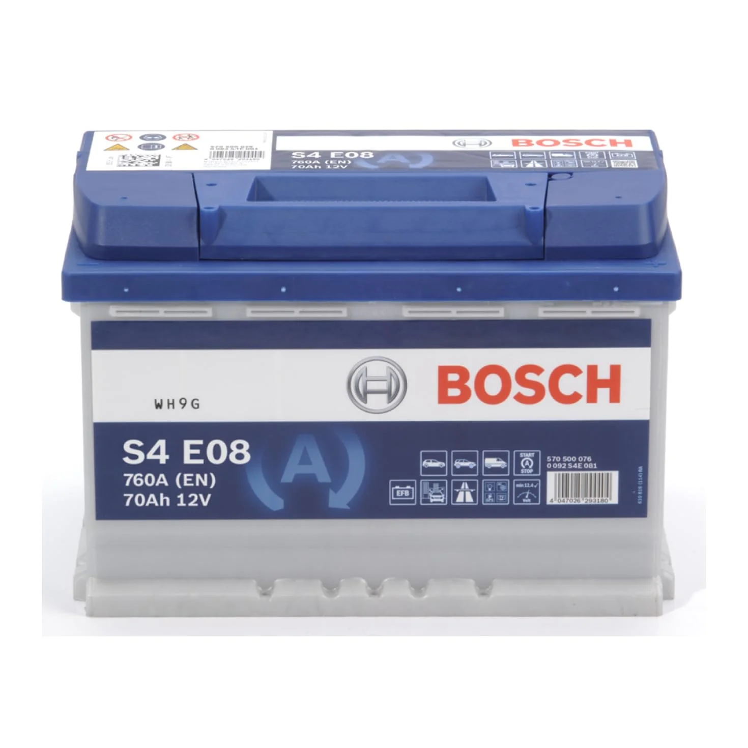 Bosch S4 E08 Batterie Auto 70 A/h - 760 A - Batterie 12 V, EFB Plomb-acide pour Véhicules avec Système Start/Stop, Polarité Gauche (-) Droite (+), 278 x 175 x 190 mm