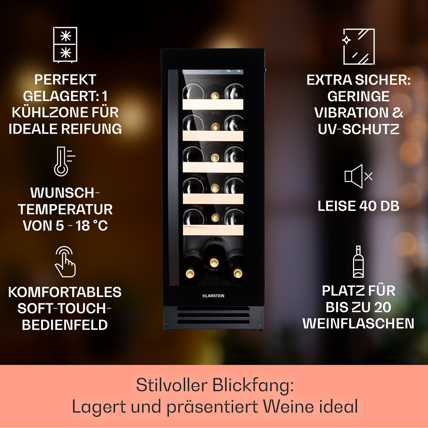 Vinovilla 20 Built-In Weinkühlschrank 50l / 20 Flaschen Glastür Edelstahl Schwarz 50 Liter / 20 Flaschen