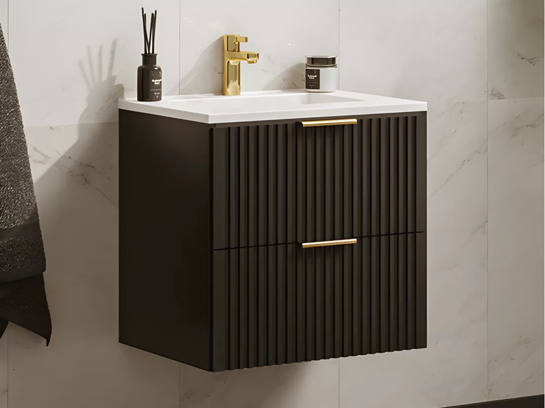 Meuble de salle de bain suspendu strié avec vasque à encastrer - Noir - 60 cm - ZEVARA