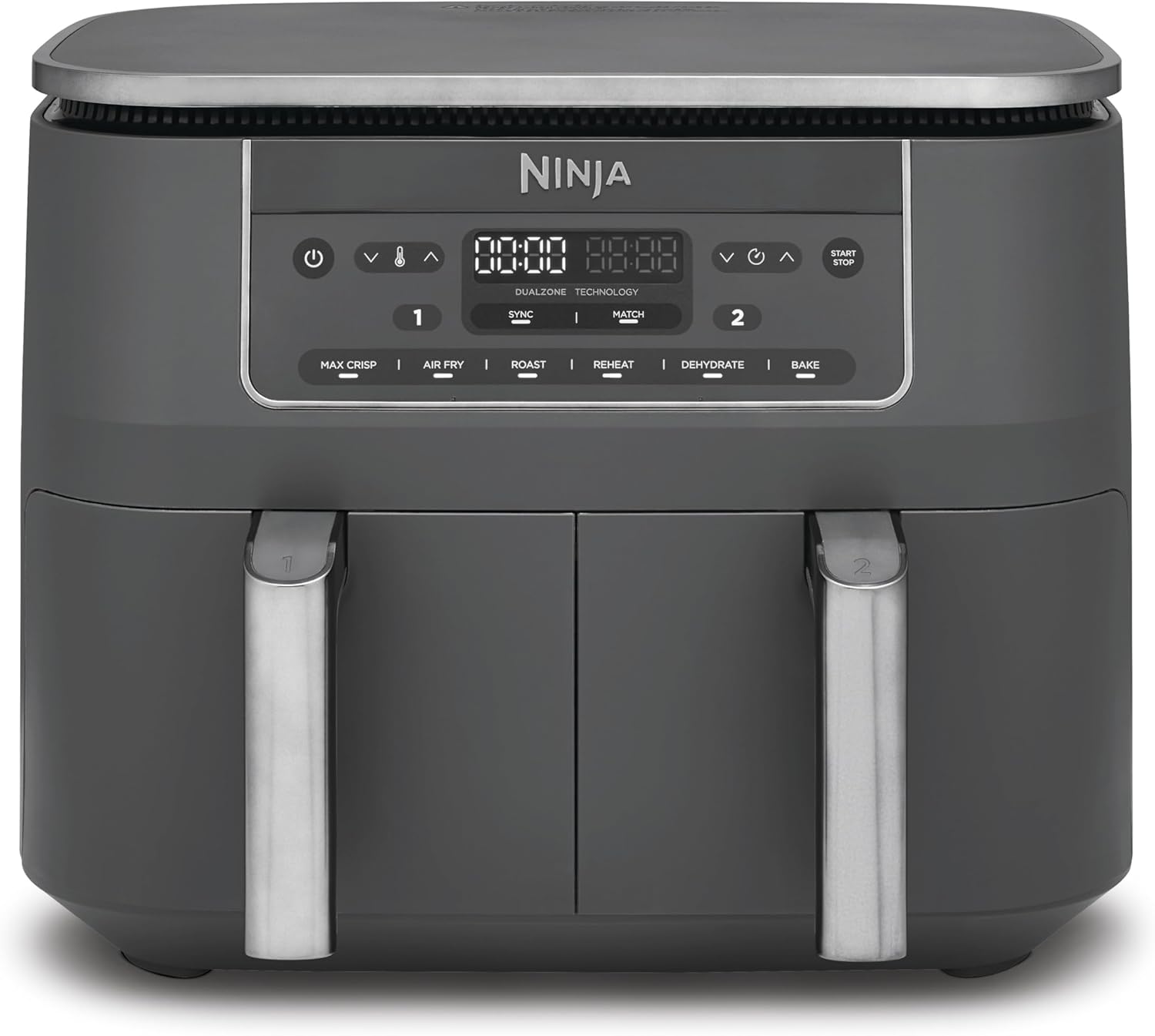 Ninja Dual Zone Digital Air Fryer, 2 Schubladen, 6-in-1, Heißluftfritteuse ohne Öl, 7,6L, Heißluft-Frittieren, Max Crisp, Rösten, Backen, Aufwärmen, Spülmaschinenfeste Körbe, Metallic Grau DZ300EU