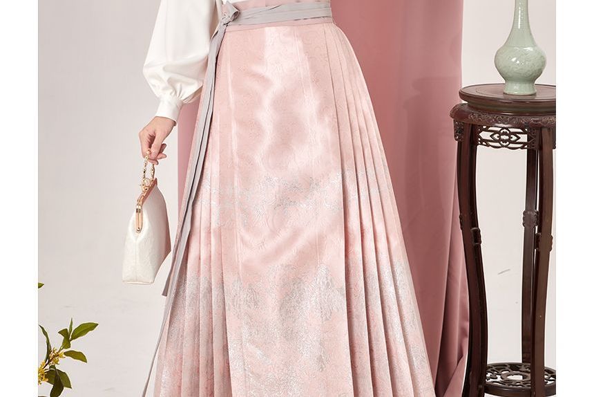 Keiko Girl - Traditionele Chinese blouse met lange mouwen, kraag, borduurwerk en knopen / Hoge taille jacquard geplooide midi-A-lijn rok / Set