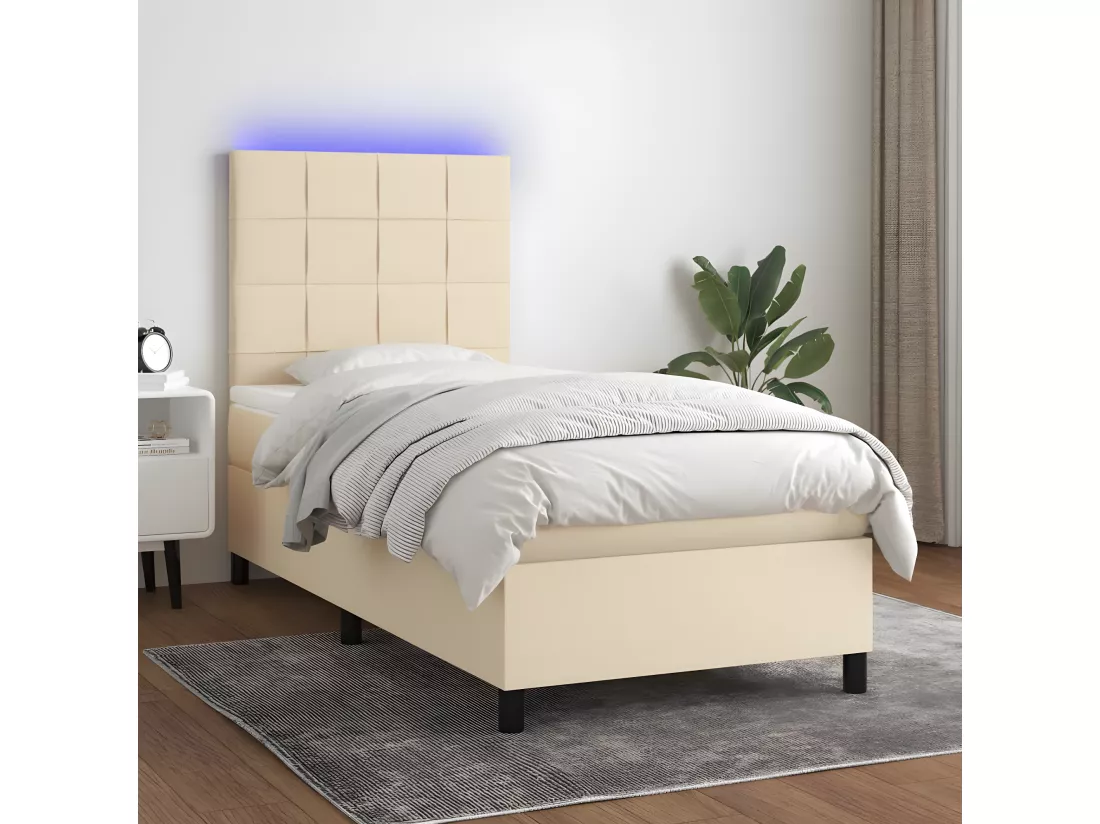 Sommier tapissier avec matelas et LED Crème 100x200 cm Tissu