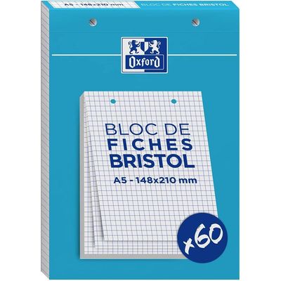 Oxford - Pack de 60 Fiches Bristol - A5 - petits carreaux - perforées - blanc