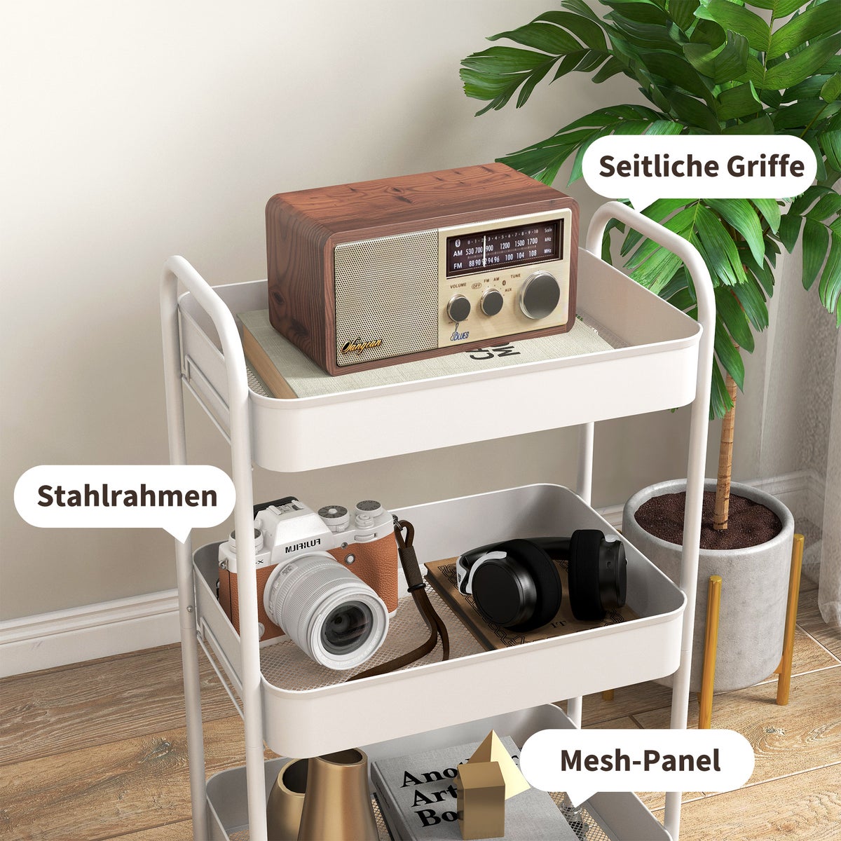 HOMCOM 3-laags serveerwagen, keukentrolley, opbergtrolley, bijzettafel voor keuken, woonkamer, staal, wit