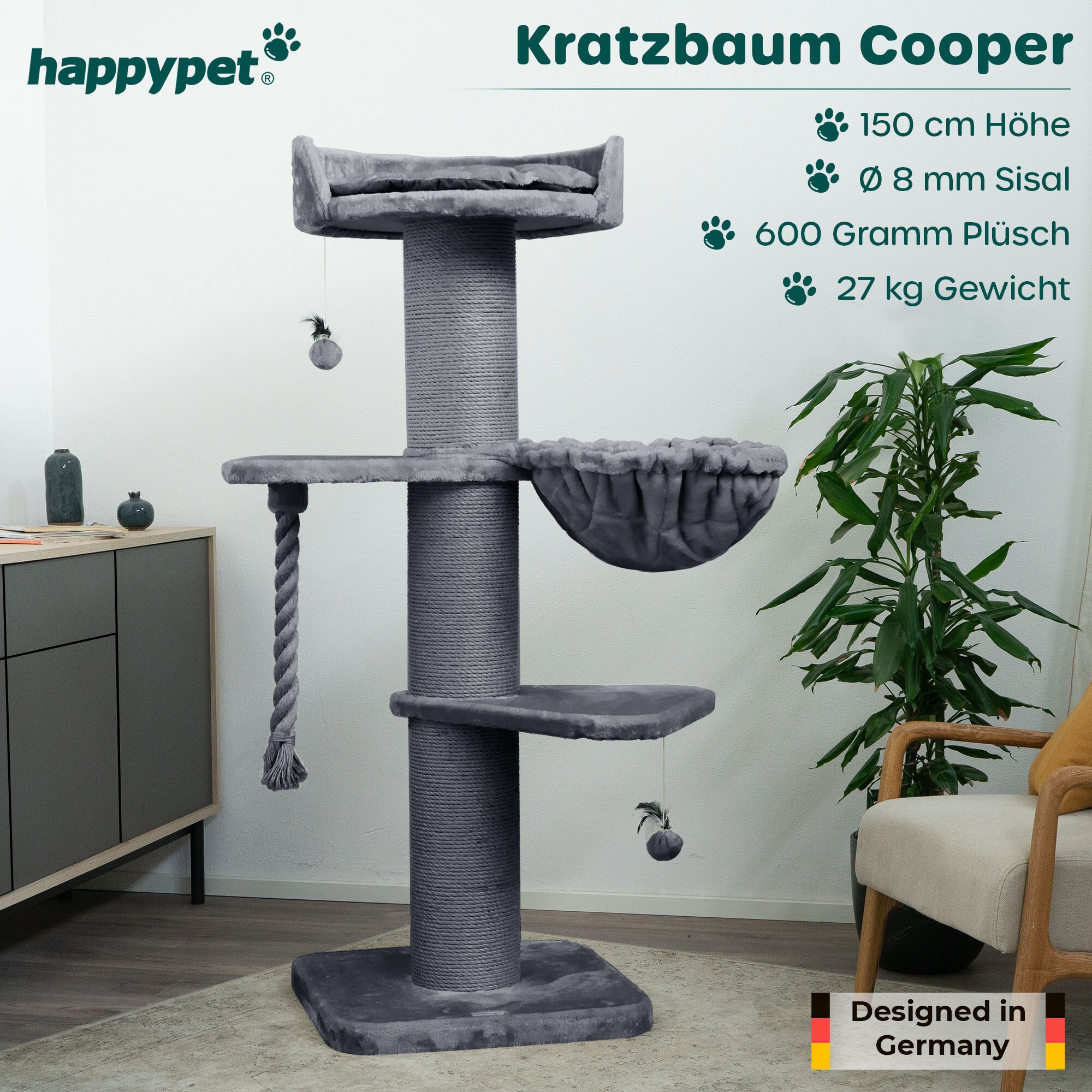 HAPPYPET Premium Kratzbaum Grosse Katzen Stabil 'Cooper' – 150 cm Großer Katzenbaum | Grau
