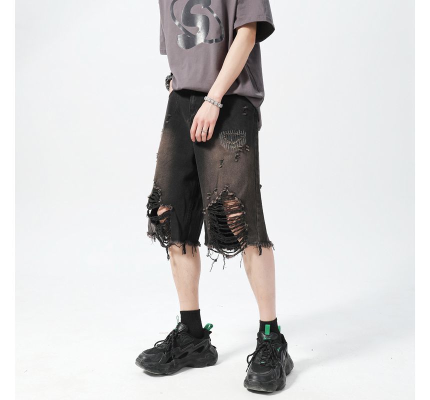 Hushgrain - Mid Rise Washed Distressed Denim Shorts