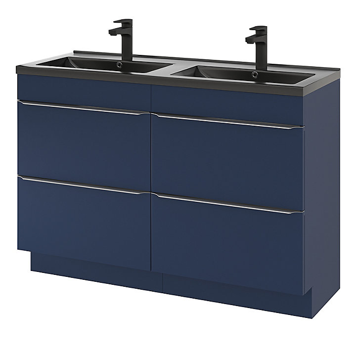 Ensemble salle de bains l.120 cm meuble à poser Imandra bleu nuit mat + plan vasque céramique noir
