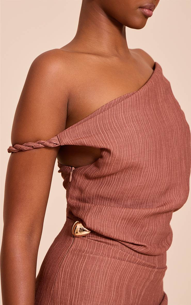 Marron Robe Longue Texturée Asymétrique À Une Épaule