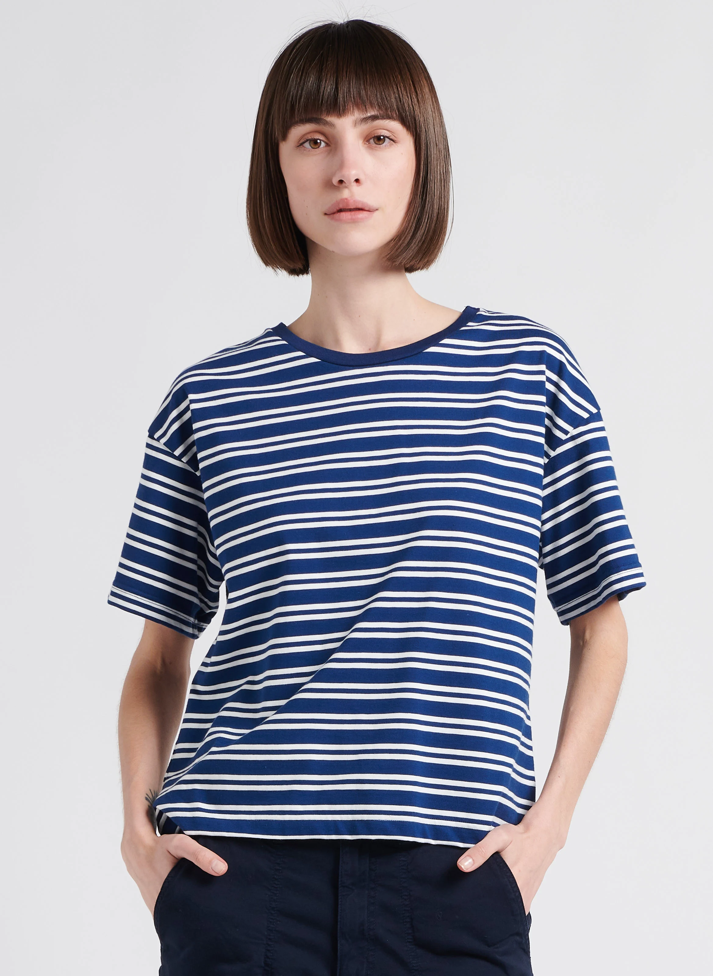 Tee-shirt col rond à rayures en coton| Bleu