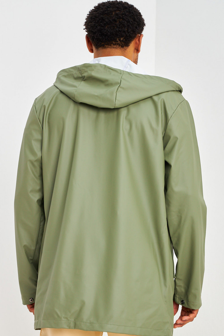 Veste mi-longue kaki à capuche en simili cuir mat