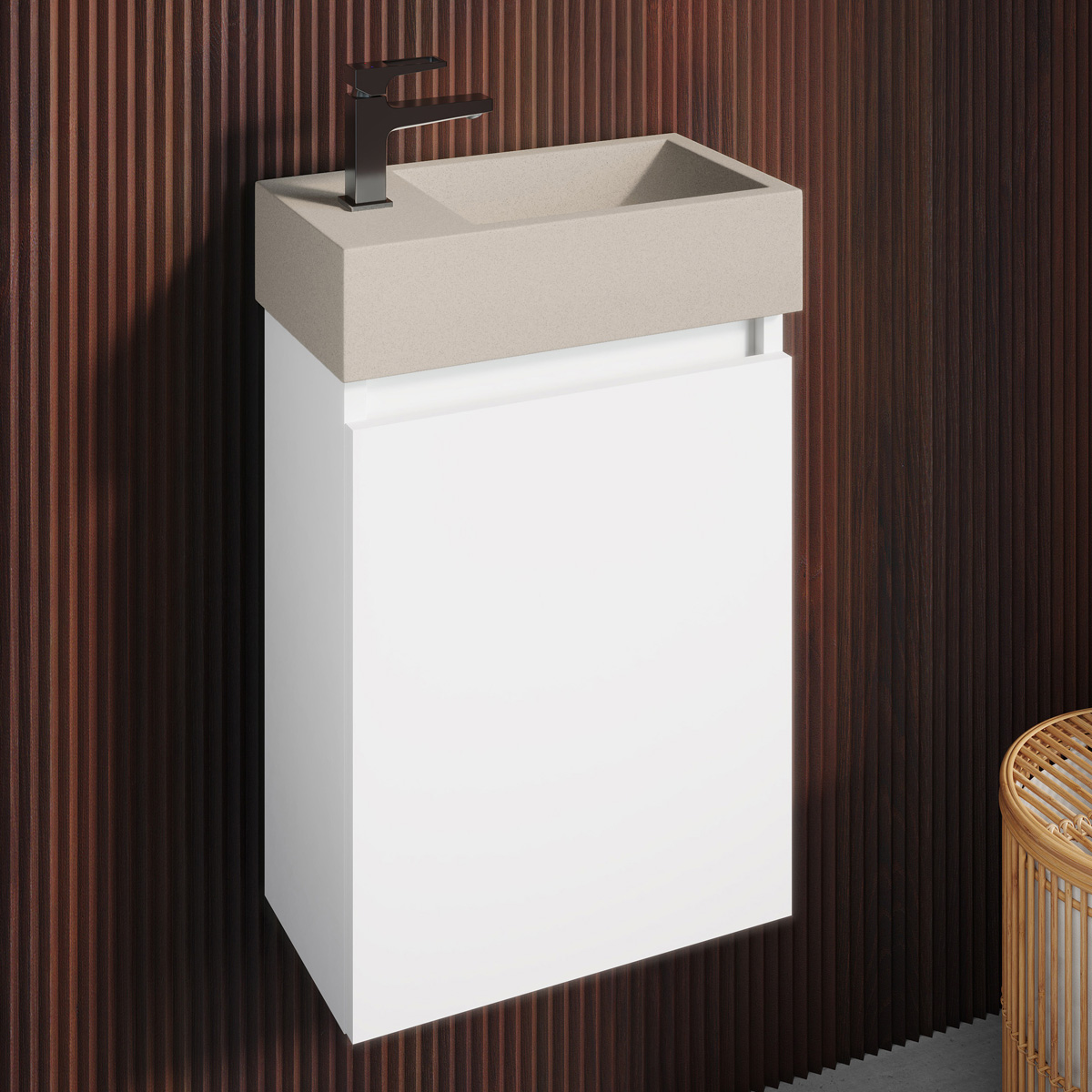 Fontana Crest toiletmeubel mat wit 40x22cm met beige fontein links