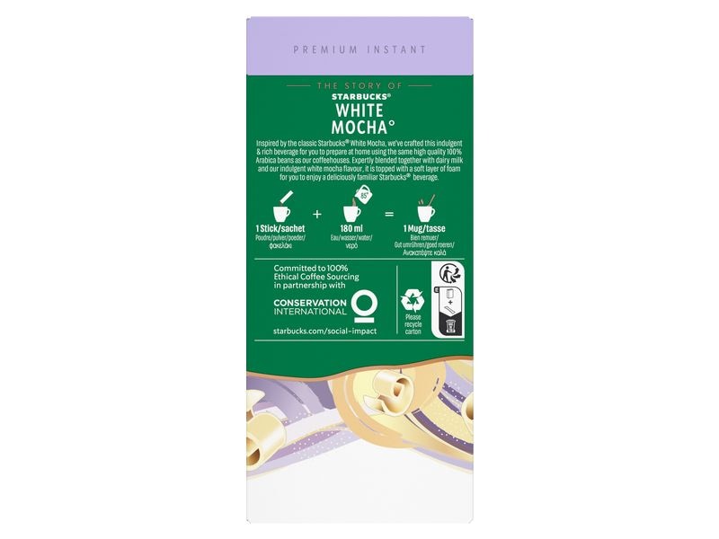 Starbucks Instant Kaffee White Mocha 5 Stück Getränkepulver mit löslichem Kaffee. Weisse-Schokolade-Geschmack.