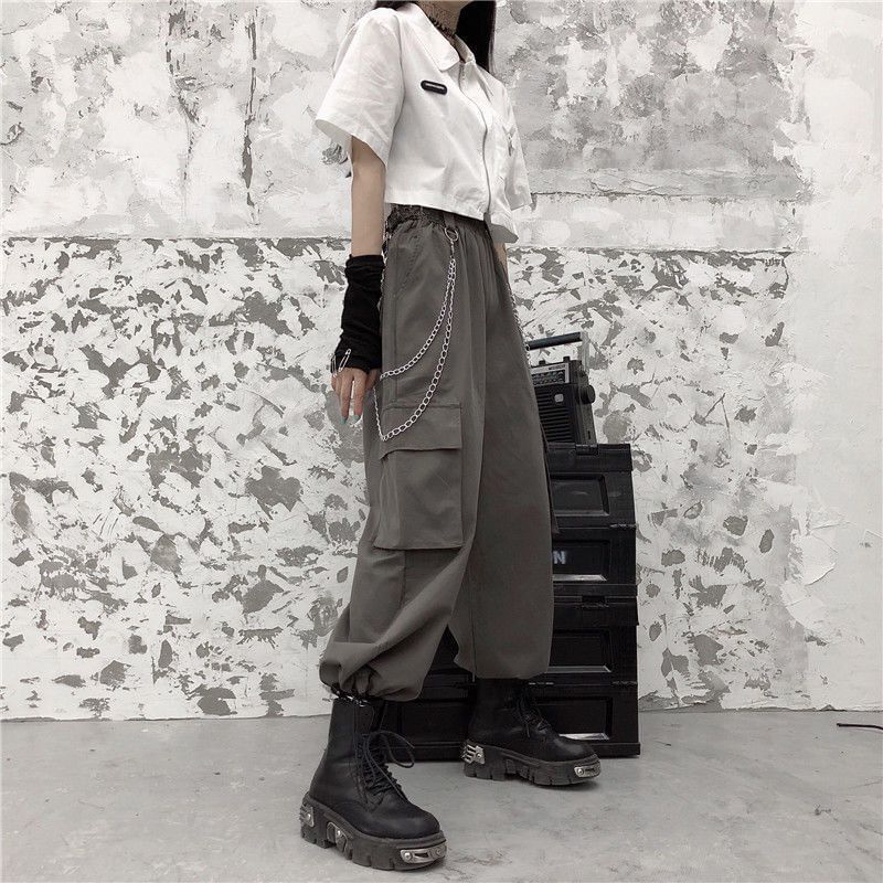 Malnia Home - High Rise Plain Wide Leg Cargo Pants / Short-Sleeve Crop Shirt / Chain / Set