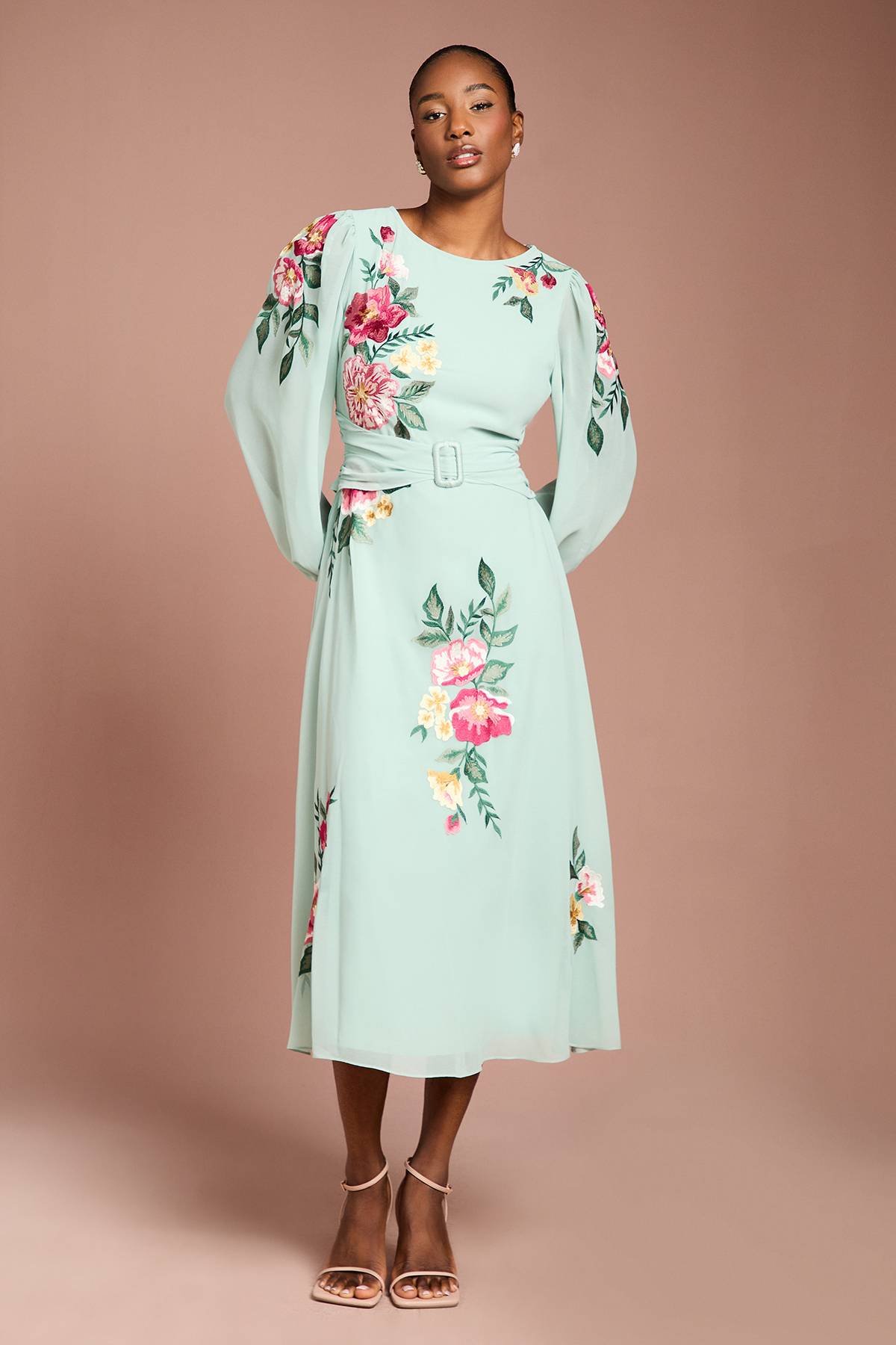 Coast Robe Midi Brodée À Manches Longues Avec Ceinture