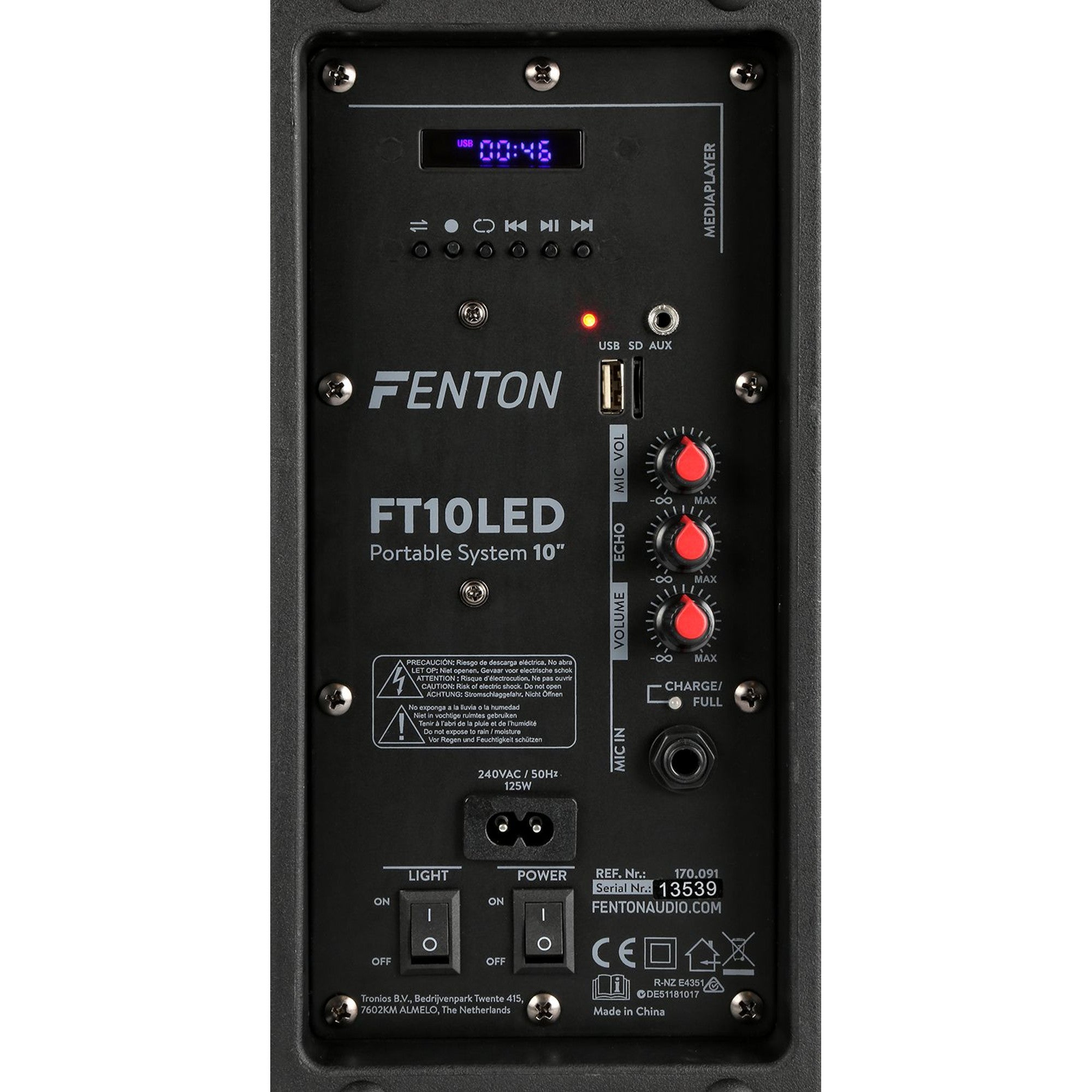 Fenton FT10LED actieve 450W mobiele 10 inch speaker met LED lichteffecten
