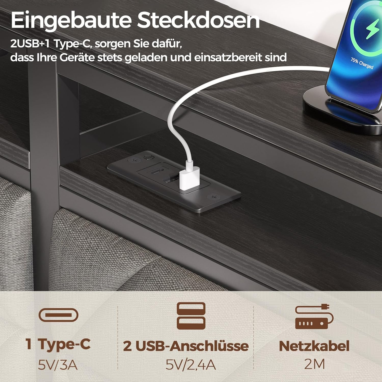 Seventable Bett 90x200 mit LED, Ladestation (2 USB-Anschlüsse & 1 Typ-C-Anschluss), Metallbett mit Gepolstertem Kopfteil & Stauraum, perfekt für Kinderzimmer, Jugendzimmer WO9866301