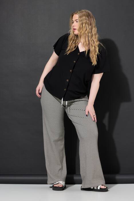 Hose, Straight Legs, Strukturjersey mit Ringeln, schwarz