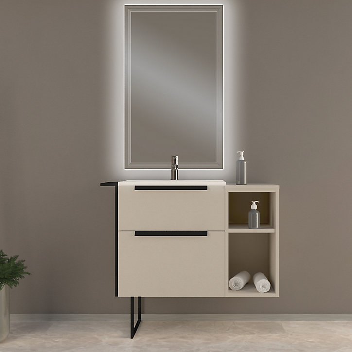 Meuble sous vasque à suspendre Urban blanc cassé 60 cm + plan vasque en résine blanc + niche blanche 30 cm