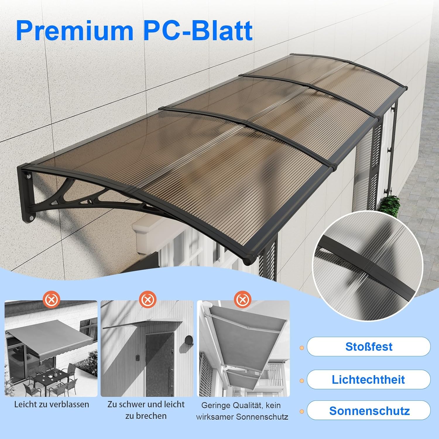 Vordach für Haustür,300x100cm Fenstervordach für Türen,Polycarbonat Pultvordach Überdachung für UV-,Regen- und Schneeschutz – Ideal für Veranda, Terrasse und Fenster
