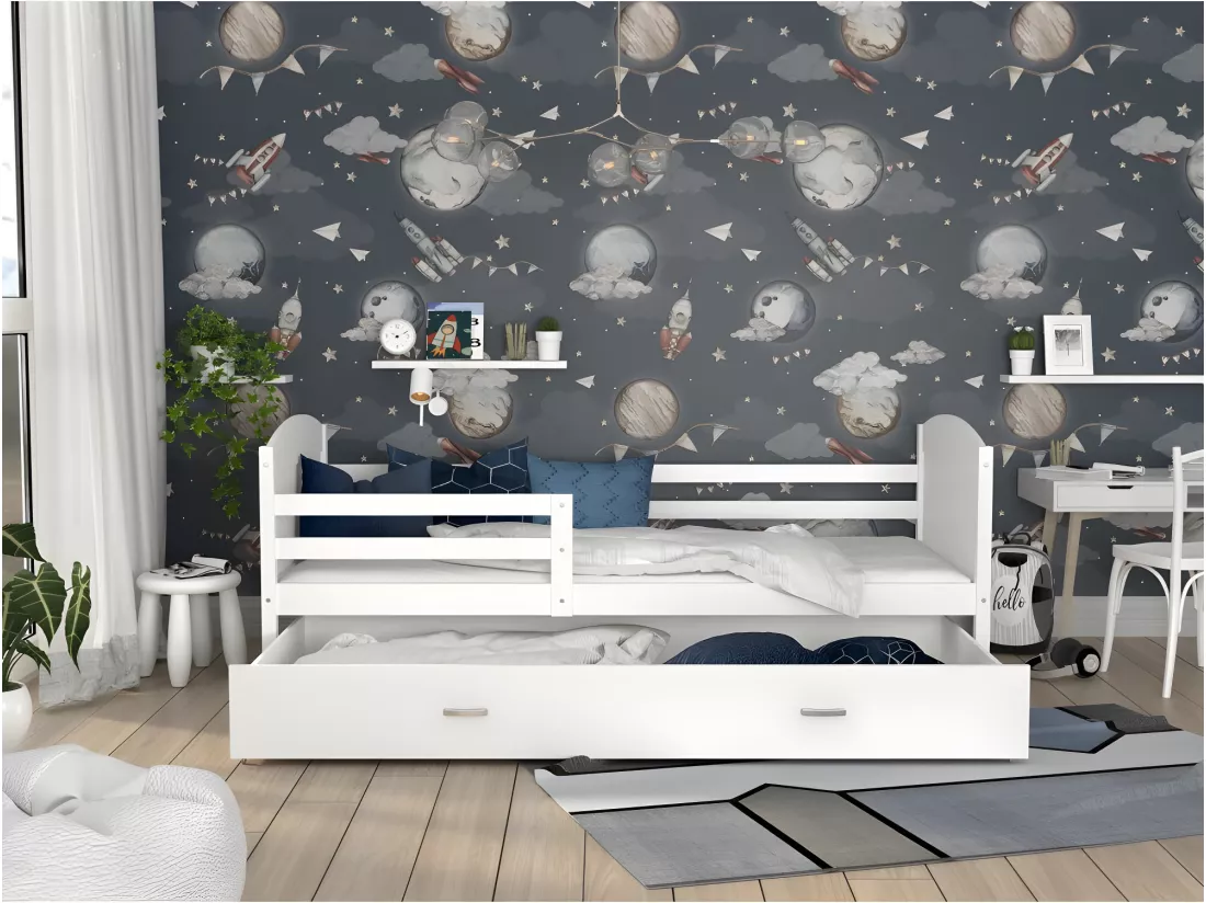 Lit Enfant Matis 90x190 ( Sans Matelas ) Blanc - blanc Livré avec le sommiers et tiroir.