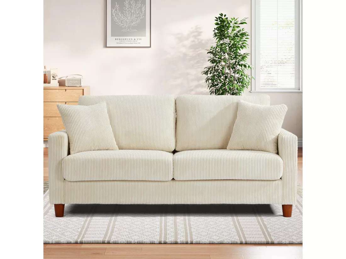 Canapé en velours 2 Places, avec 2 Coussins, sièges profonds de 56cm, 178x76x89cm, Beige