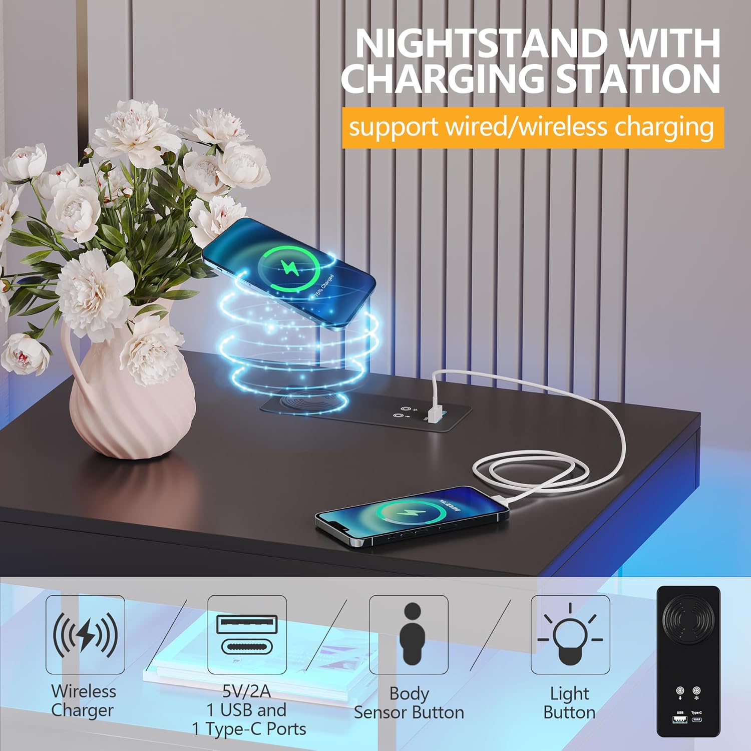 Vlsrka LED Nachttisch mit Ladestation, Nachttisch mit 3 Farben Licht, Smart Nachttische mit Drahtloses Laden, Nachtkästchen mit 2 Schubladen, Moderner Nachtschrank Schlafzimmer Wohnzimmer, Schwarz