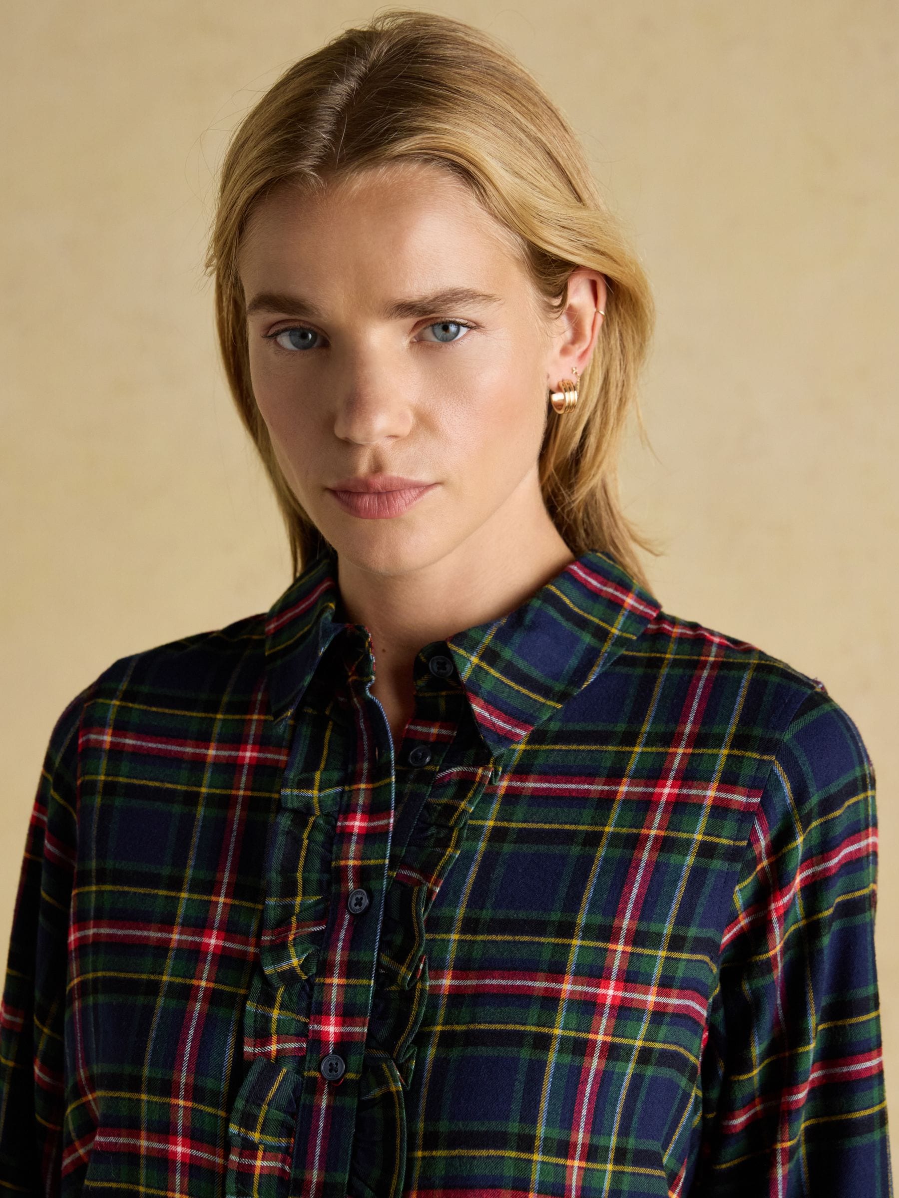 Marineblauw geruit - Joules Selene Brushed Ruffle Shirt