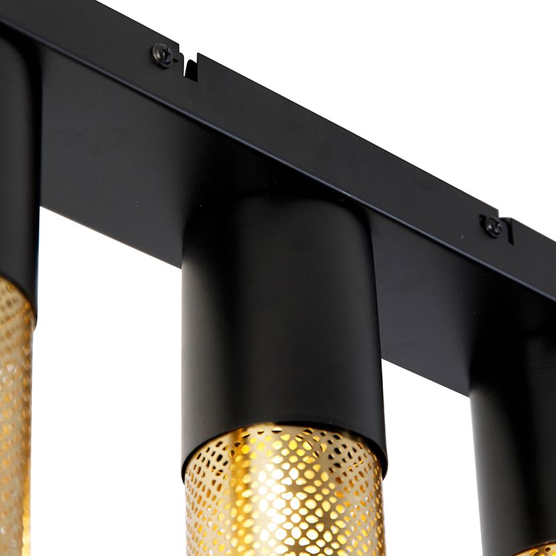 Industriële plafondlamp zwart met goud langwerpig 3-lichts - Raspi